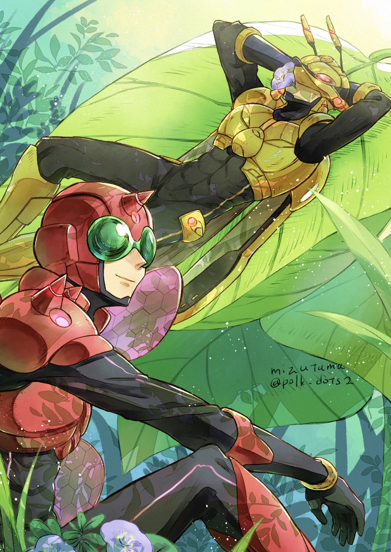 mizutama (mizutamalion), inzektor dragonfly, inzektor hornet, yu-gi-oh!, highres, tagme, 2boys, antennae, arms behind head, bodysuit, duel monster, leaf, lying, male focus, multiple boys, red bodysuit, sitting, smile, yellow bodysuit