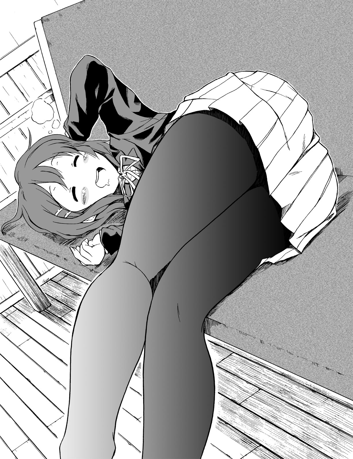 ooshiro youkou, hirasawa yui, k-on!, highres, 00s, 1girl, ass, blush, closed eyes, dreaming, female focus, greyscale, happy, legs, lying, monochrome, open mouth, pantyhose, school uniform, skirt, sleeping, smile, solo