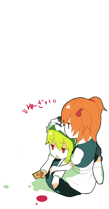 fuukadia (narcolepsy), onozuka komachi, shiki eiki, touhou, bad id, bad pixiv id, 2girls, chibi, female focus, green hair, hat, multiple girls, open mouth, orange hair, red eyes, short hair