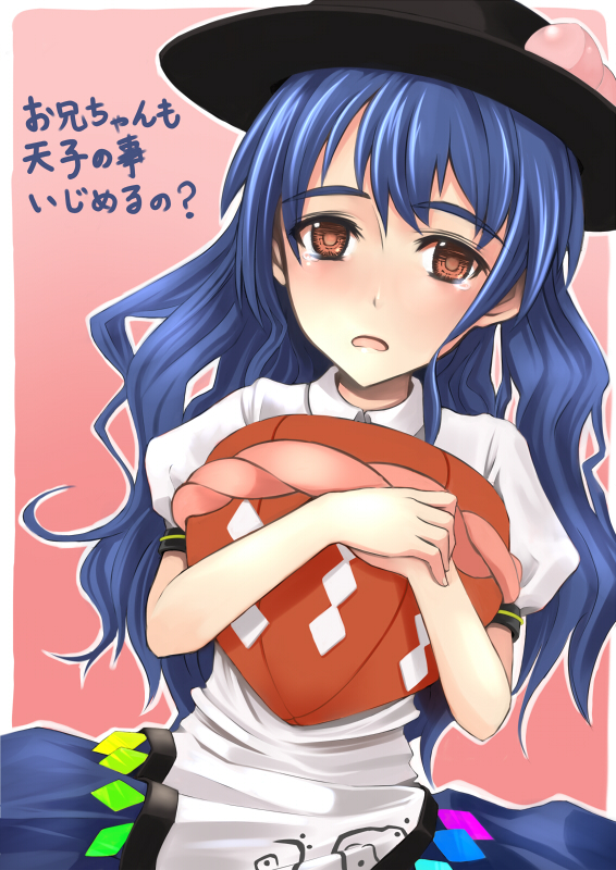 yuu (archaic smile), hinanawi tenshi, touhou, bad id, bad pixiv id, 1girl, blue hair, blush, female focus, food, fruit, gradient background, hat, kaname-ishi, long hair, peach, red eyes, rock, rope, shimenawa, solo