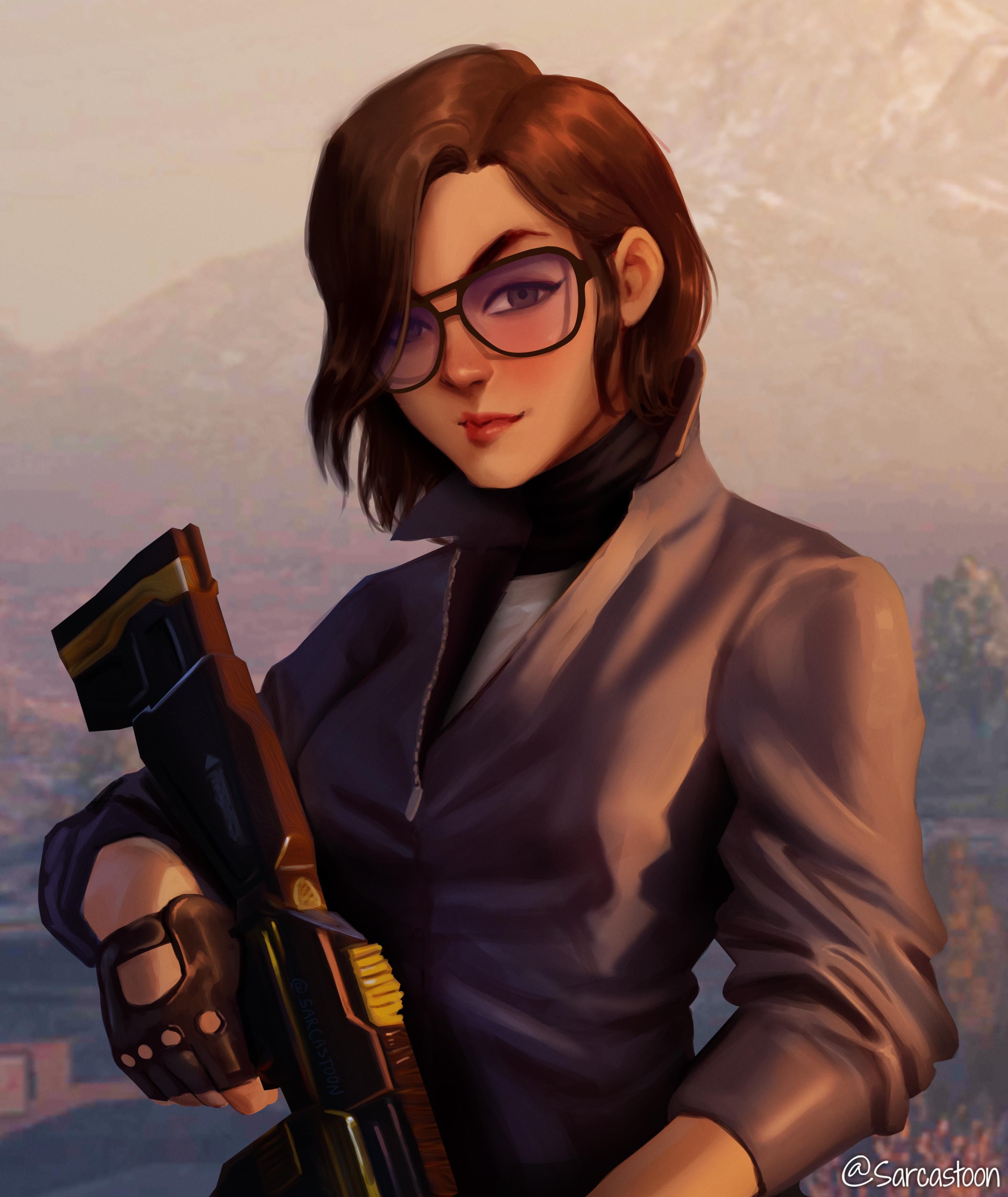 helen a. park, call of duty, call of duty: black ops cold war, call of duty: mobile, call of duty: warzone, absurdres, commentary, english commentary, highres, 1girl, aviator glasses, black-framed eyewear, black gloves, black shirt, blurry, blurry background, brown hair, closed mouth, dawn, glasses, gloves, green eyes, grey eyes, grey jacket, gun, holding, holding gun, holding weapon, jacket, lips, looking at viewer, mature female, military operator, nose, outdoors, red lips, rifle, sarcastoon, shirt, short hair, sleeves pushed up, solo, three-quarter sleeves, tree, turtleneck, undershirt, upper body, weapon