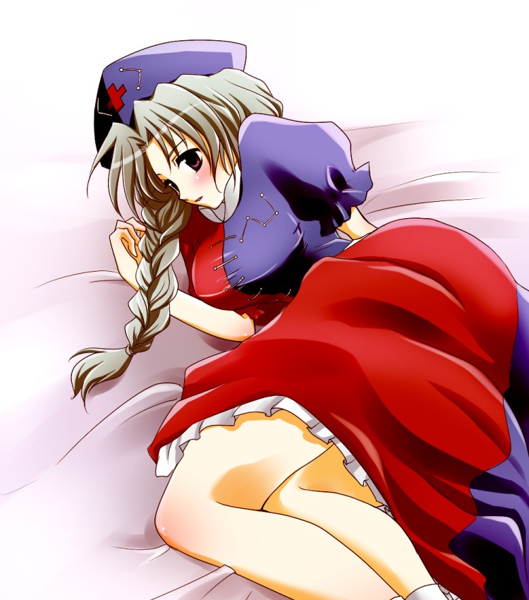 charlotte (pixiv), yube (skyhacker), yagokoro eirin, touhou, silver hair, 1girl, :o, bed sheet, blue eyes, blush, braid, cross, cross print, dress, female focus, hat, kneepits, long hair, lying, nurse cap, on side, parted lips, single braid, solo