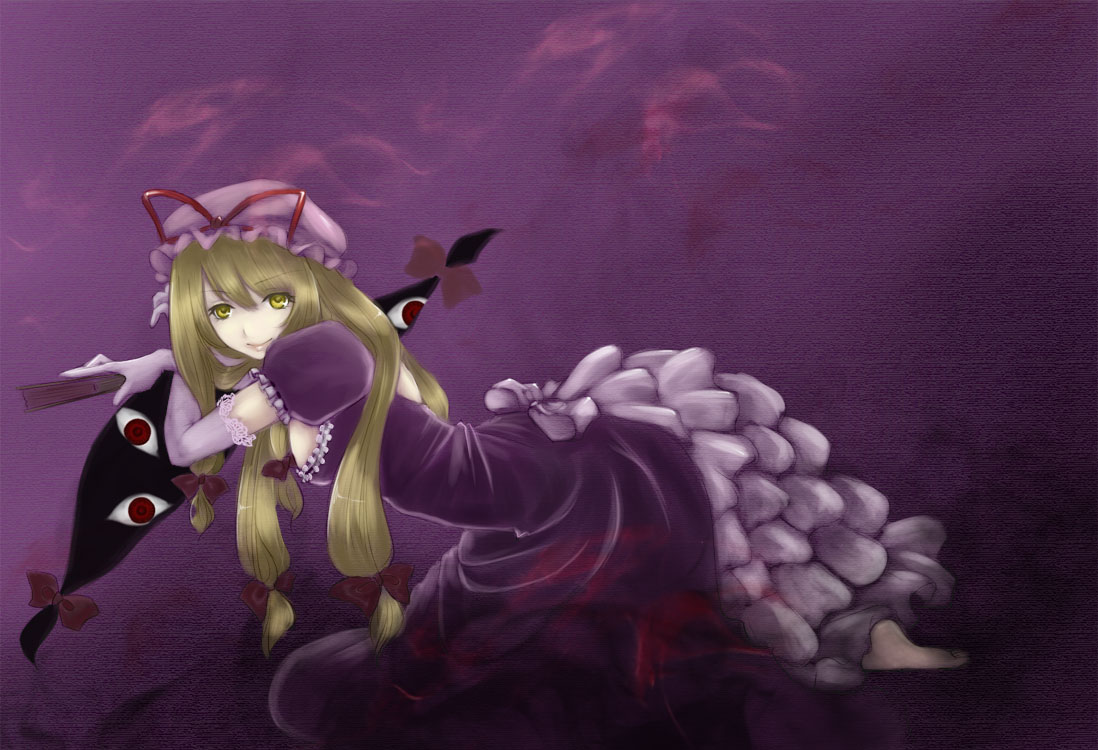 geike, yakumo yukari, touhou, bad id, bad pixiv id, 1girl, barefoot, blonde hair, breasts, dress, elbow gloves, female focus, gap (touhou), gloves, gradient background, hand fan, hat, long hair, outdoors, sky, solo, yellow eyes