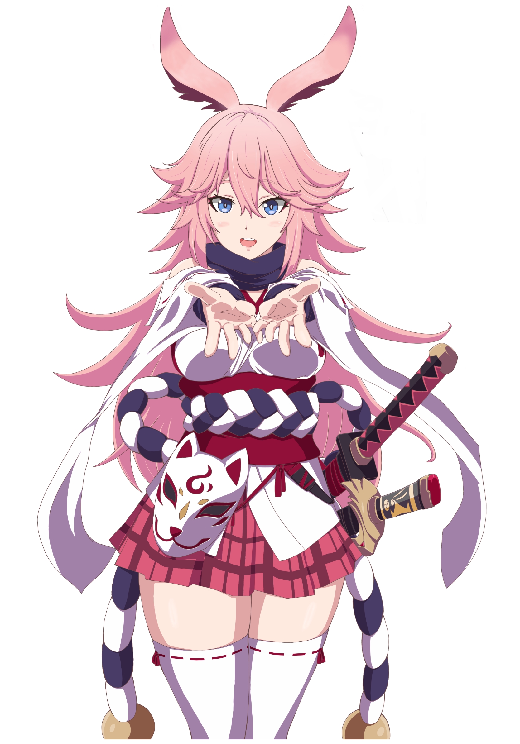 task baron, yae sakura, yae sakura (gyakushinn miko), honkai (series), honkai impact 3rd, commentary request, highres, 1girl, :d, animal ears, blue eyes, breasts, cowboy shot, detached sleeves, fox ears, fox mask, japanese clothes, katana, kimono, long hair, looking at viewer, mask, medium breasts, nontraditional miko, obi, open mouth, outstretched arms, pink hair, pink skirt, pleated skirt, sash, sheath, sheathed, short kimono, simple background, skirt, smile, solo, sword, thighhighs, weapon, white background, white kimono, white sleeves, white thighhighs