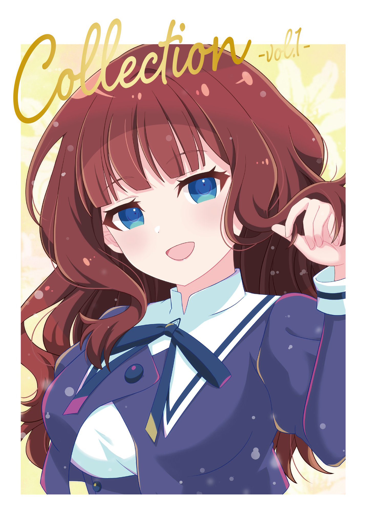 piatin, kaede johan nouvel, assault lily, commentary request, highres, 1girl, black ribbon, blue eyes, border, brown hair, eyelashes, flipped hair, long hair, long sleeves, looking at viewer, open mouth, puritan collar, ribbon, school uniform, solo, upper body, white border