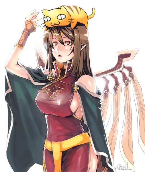 female blunt spirit, male sword spirit, weird cat (mabinogi), devcat, mabinogi, 1girl, :3, belt, breasts, brown hair, cape, cat, covered erect nipples, female focus, genderswap, genderswap (mtf), large breasts, long hair, no bra, open mouth, orange eyes, pointy ears, sideboob, solo, wings