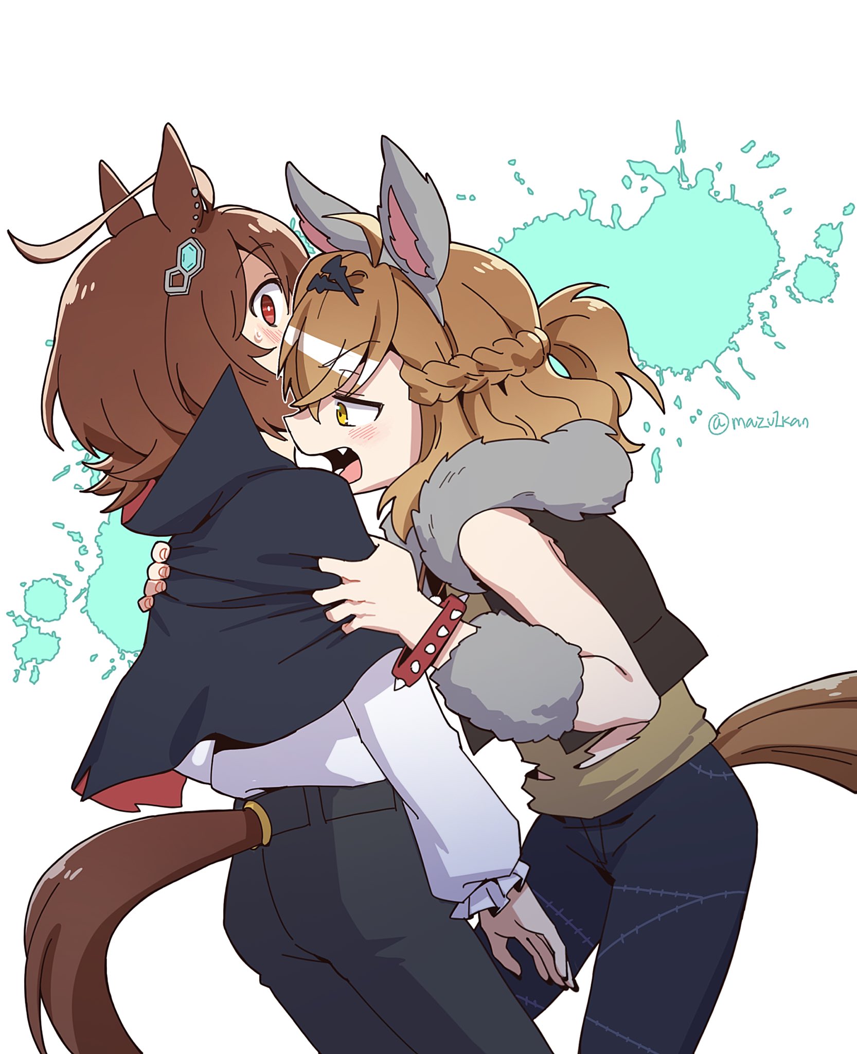 mazu1kan, agnes tachyon (umamusume), jungle pocket (umamusume), umamusume, commentary request, highres, 2girls, animal ears, black cape, black jacket, black pants, blue pants, blush, brown hair, brown shirt, cape, dated commentary, fang, fur-trimmed jacket, fur trim, grabbing another's arm, horse ears, horse girl, horse tail, imminent bite, jacket, long sleeves, medium hair, multiple girls, open mouth, pants, red eyes, shirt, short hair, simple background, standing, tail, torn clothes, torn shirt, twitter username, white background, white shirt, yellow eyes, yuri