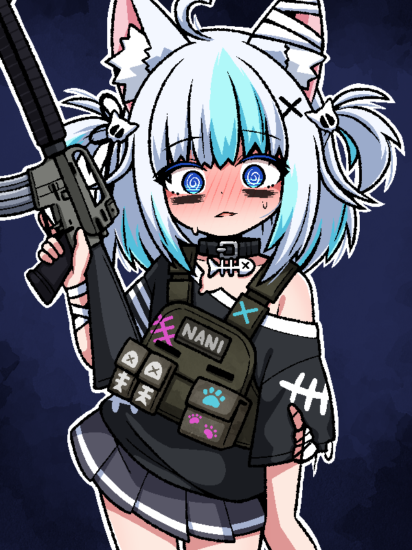 ink (inksgirls), indie virtual youtuber, 1girl, @ @, ahoge, animal ears, ar-15, blush, cat ears, cat girl, collar, gun, multicolored hair, nani (vtuber), pleated skirt, rifle, shirt, single bare shoulder, skirt, t-shirt, tactical clothes, two-tone hair, two side up, virtual youtuber, weapon, white hair