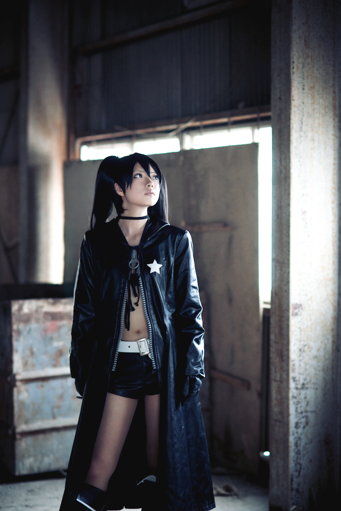 black rock shooter (character), shera, black rock shooter, cosplay photo, photo (medium), 1girl, black hair, black rock shooter (cosplay), cosplay, female focus, solo, star (symbol), twintails