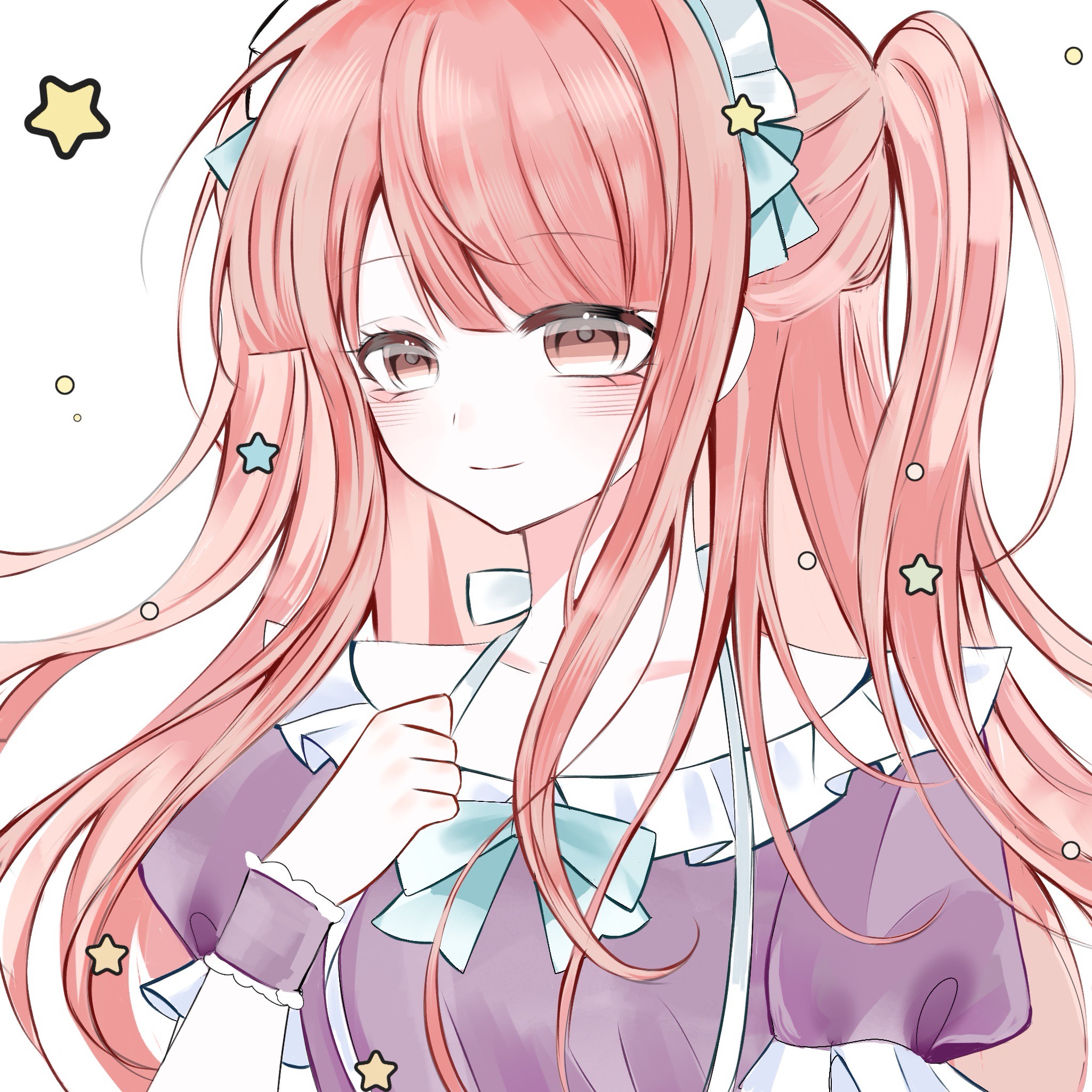 nikki (nikki), miracle nikki, nikki (series), artist request, highres, 1girl, aqua bow, aqua bowtie, blue bow, blunt bangs, bow, bowtie, brown eyes, clenched hand, closed mouth, dot nose, eyelashes, frilled shirt, frilled sleeves, frilled wrist cuffs, frills, hair bow, hand on own chest, happy, light blush, long hair, long sidelocks, looking ahead, loose hair strand, maid headdress, pink hair, puffy short sleeves, puffy sleeves, purple shirt, purple wrist cuffs, shirt, short sleeves, sidelocks, simple background, smile, solo, star (symbol), suspenders, two side up, upper body, very long hair, white background, white bow, white bowtie, wrist cuffs
