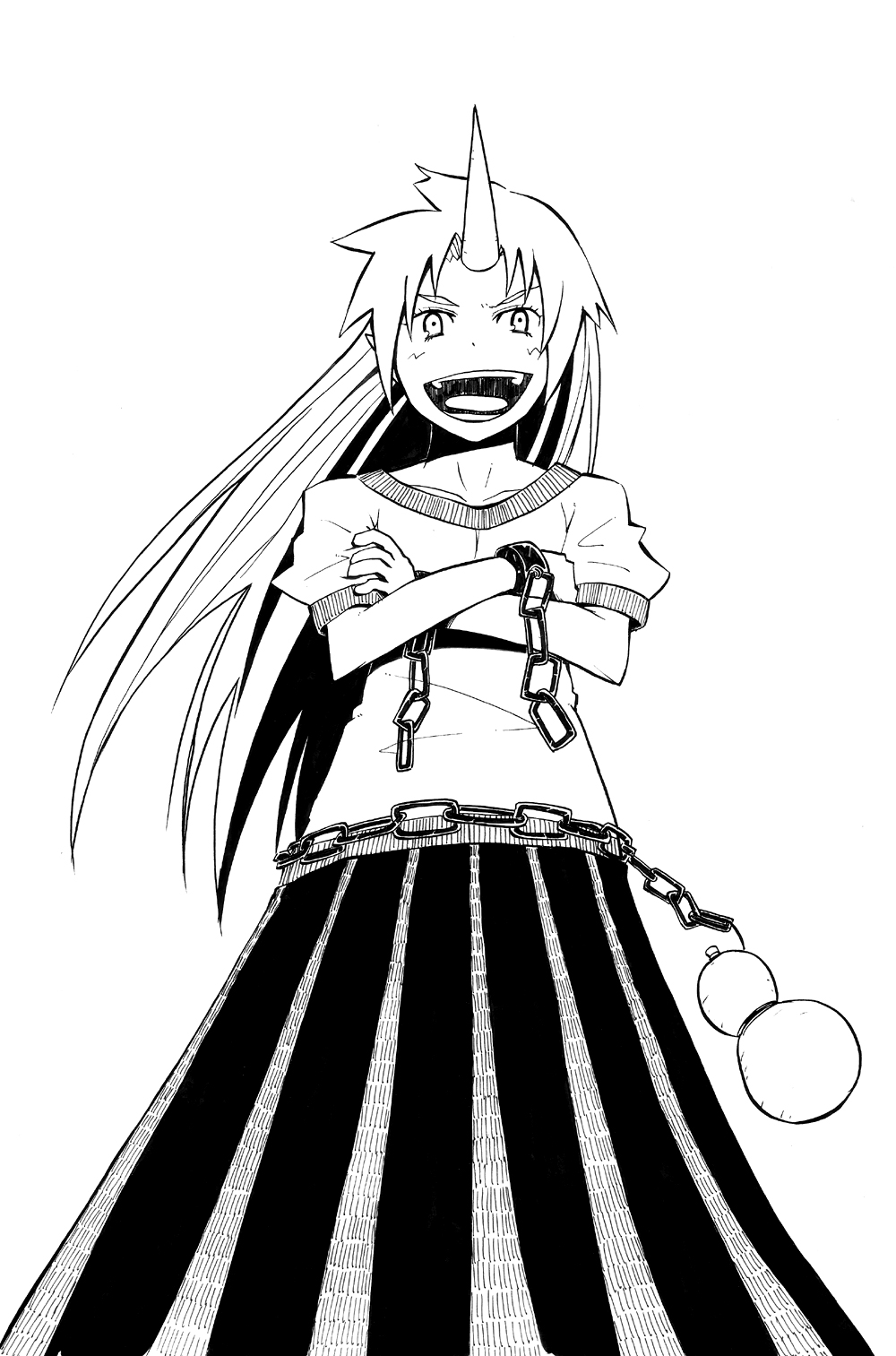 karu (ishiken), hoshiguma yuugi, touhou, highres, millipen (medium), nib pen (medium), pen (medium), traditional media, 1girl, chain, crossed arms, female focus, gourd, greyscale, grin, horns, long hair, long skirt, monochrome, open mouth, pleated skirt, shirt, single horn, skirt, smile, solo, t-shirt