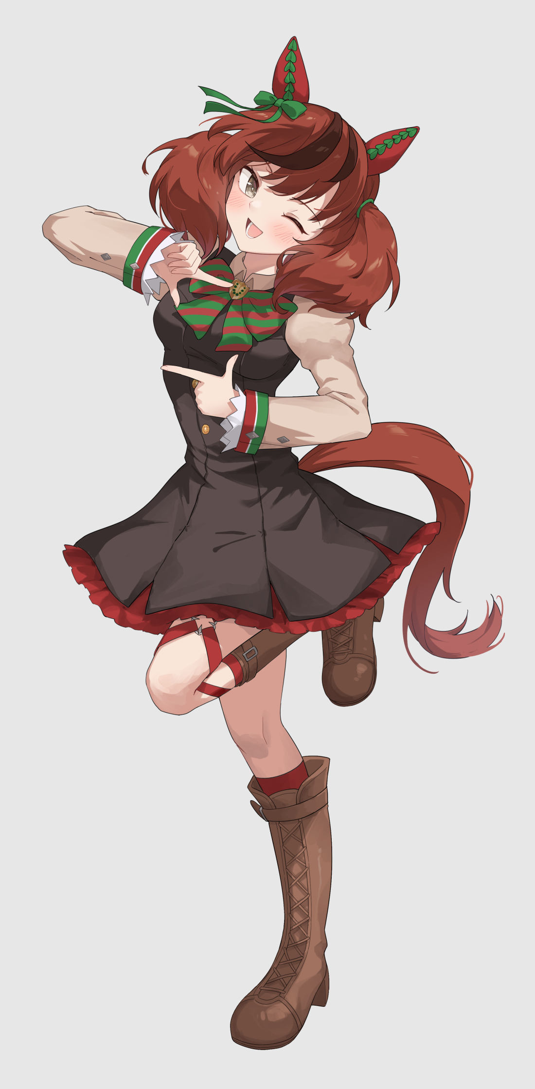 profnote, nice nature (poinsettia ribbon) (umamusume), nice nature (umamusume), umamusume, commentary request, highres, 1girl, ;d, animal ears, black dress, blush, boots, bow, bowtie, brown eyes, brown hair, brown shirt, brown shoes, collared shirt, dress, ear covers, finger frame, full body, green bow, green bowtie, horse ears, horse girl, horse tail, juliet sleeves, kneehighs, lace-up boots, long sleeves, looking at viewer, multicolored hair, o-ring, o-ring thigh strap, one eye closed, open mouth, puffy sleeves, red bow, red bowtie, red socks, shirt, shoes, simple background, smile, socks, solo, standing, standing on one leg, streaked hair, striped bow, striped bowtie, striped clothes, tail, thigh strap, two side up, white background
