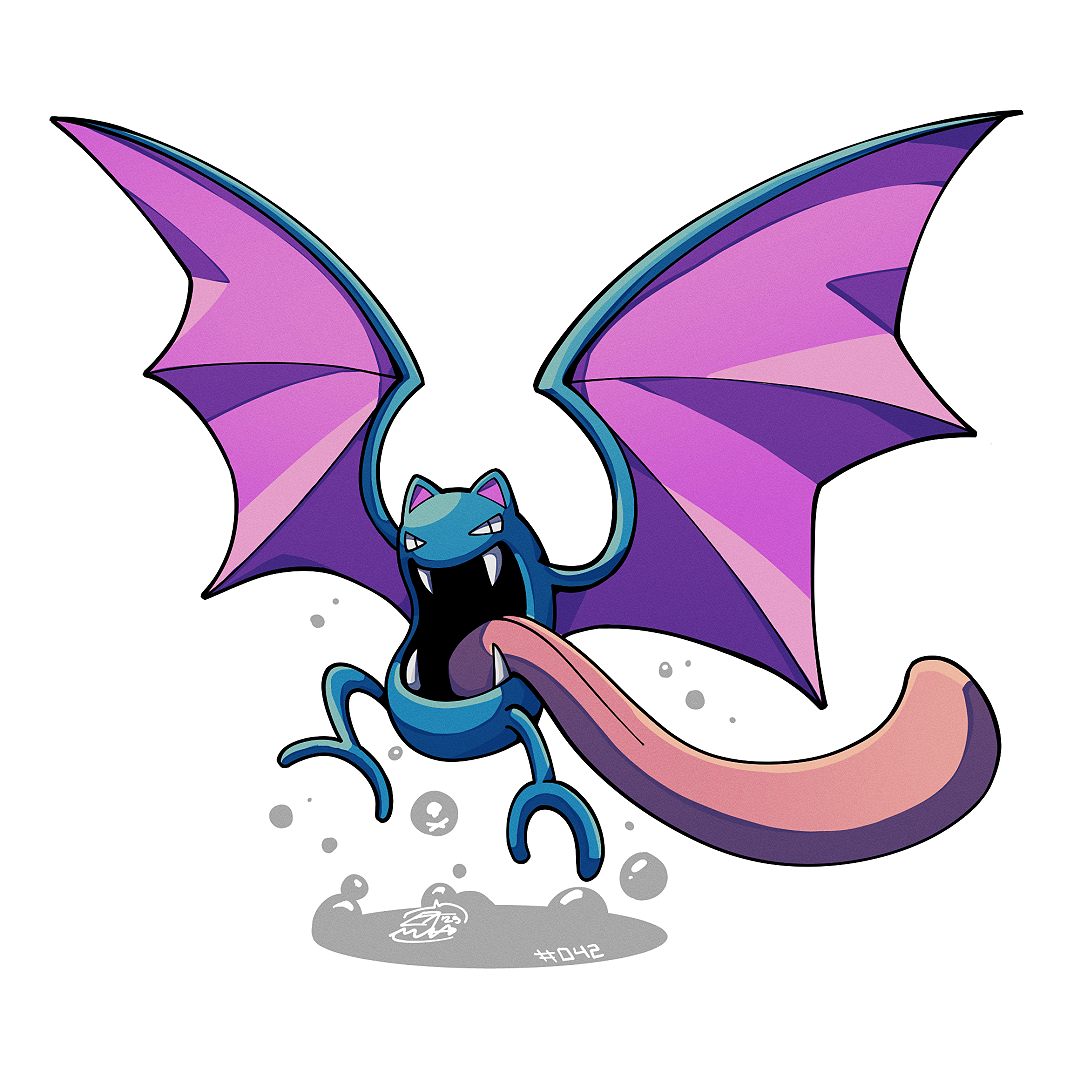 mistray-art, golbat, nintendo, pokemon, bat wings, fangs, gen 1 pokemon, long tongue, looking at viewer, no humans, numbered, open mouth, pokemon (creature), signature, simple background, solo, tongue, tongue out, very long tongue, white background, wings