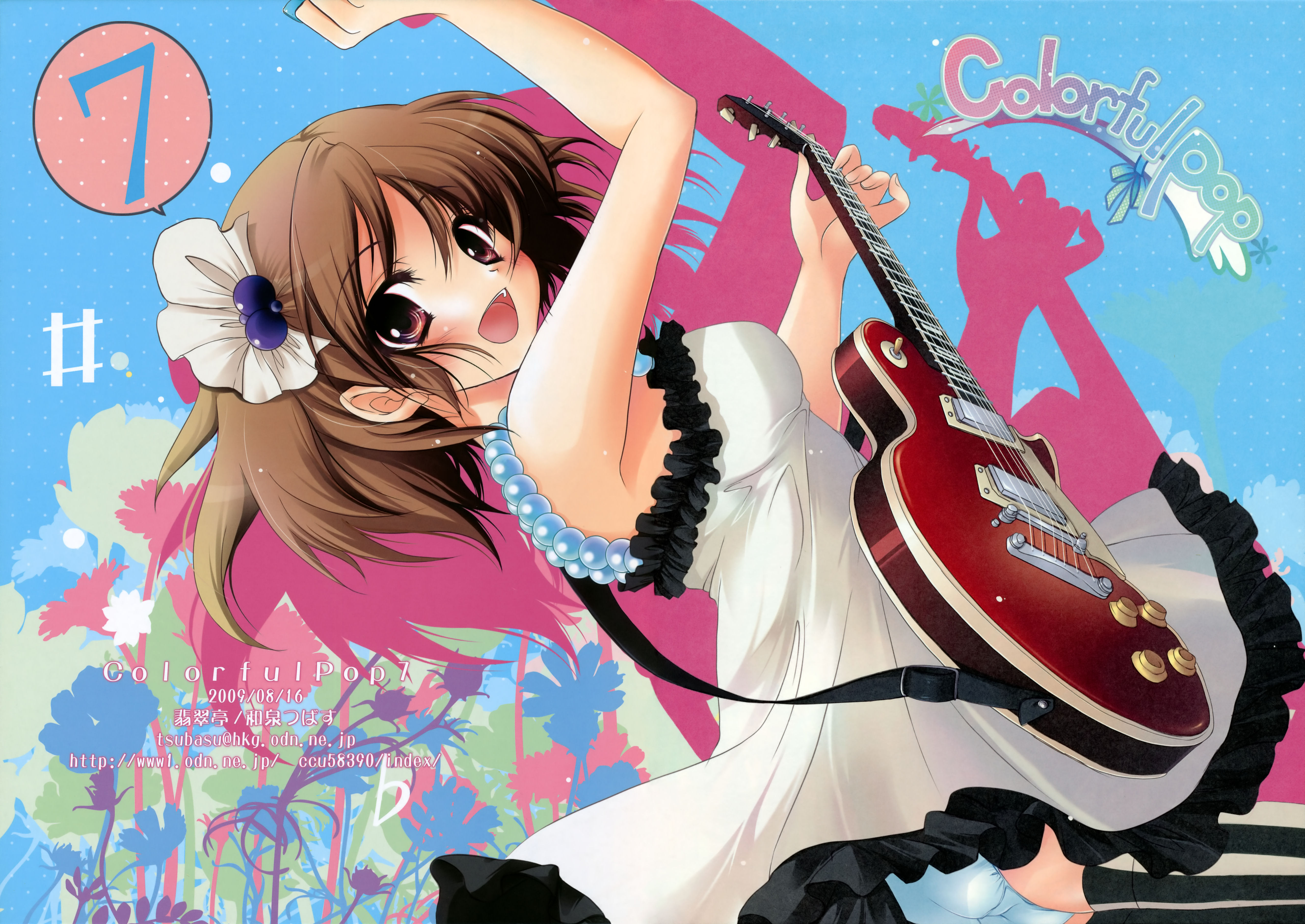 izumi tsubasu, hirasawa yui, don't say "lazy", k-on!, absurdres, highres, scan, 00s, 1girl, blush, breasts, brown eyes, brown hair, dress, electric guitar, female focus, gibson les paul, guitar, hair ornament, instrument, short hair, skirt, solo, striped clothes, striped thighhighs, thighhighs, vertical-striped clothes, vertical-striped thighhighs