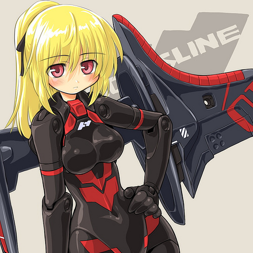 dd (ijigendd), arnval, busou shinki, lowres, 10s, alternate costume, blonde hair, blush, doll joints, joints, mecha musume, ponytail, red eyes, solo