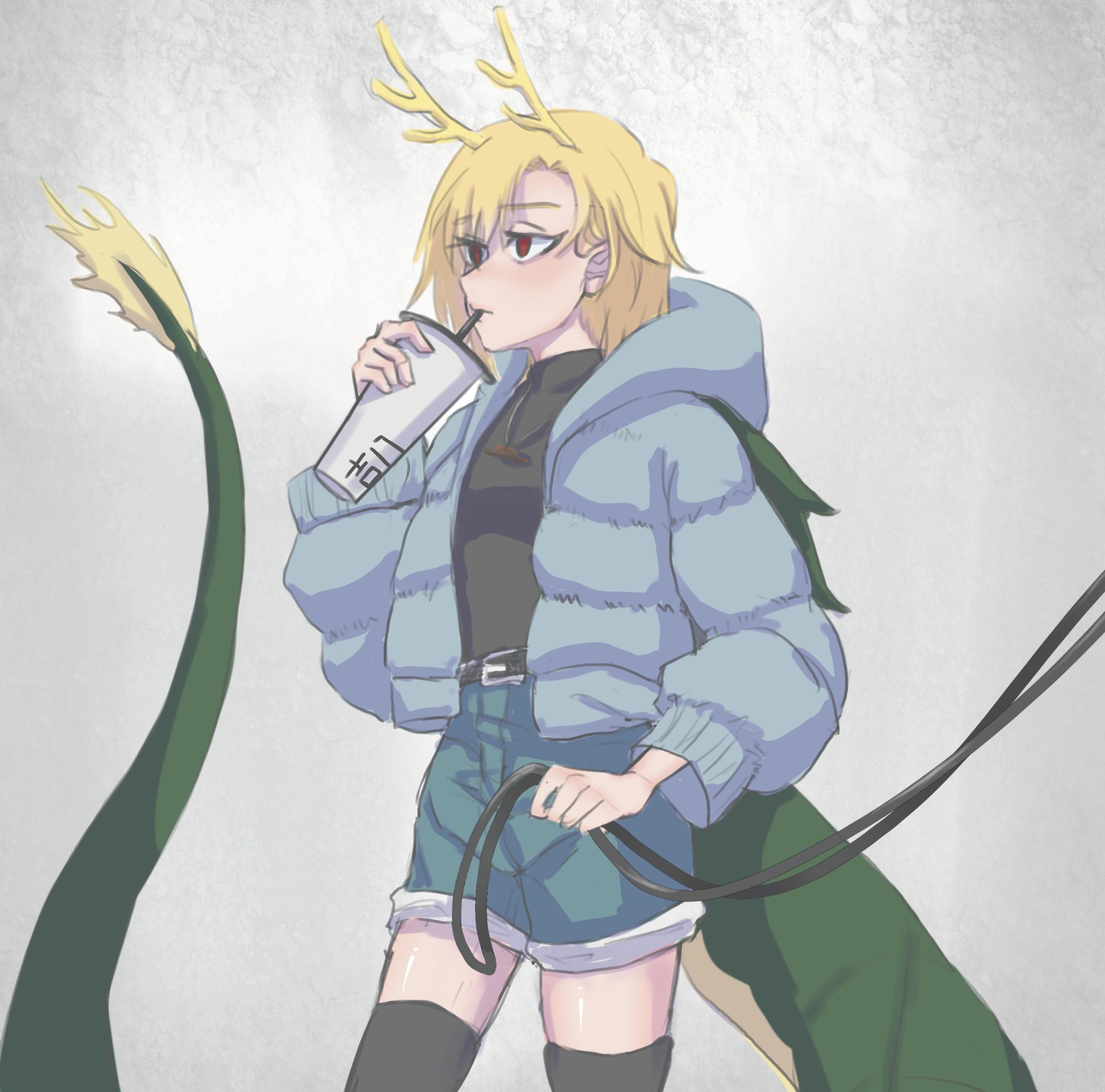 qazsxdc78225, kicchou yachie, touhou, absurdres, highres, 1girl, antlers, black thighhighs, blonde hair, blue jacket, blue shorts, cup, denim, denim shorts, disposable cup, dragon girl, dragon horns, dragon tail, drink, drinking straw, drinking straw in mouth, green scales, green tail, holding, holding drink, holding reins, horns, jacket, micro shorts, monster girl, open clothes, open jacket, red eyes, reins, scales, short hair, short shorts, shorts, solo, tail, thighhighs, turtle shell, yellow horns