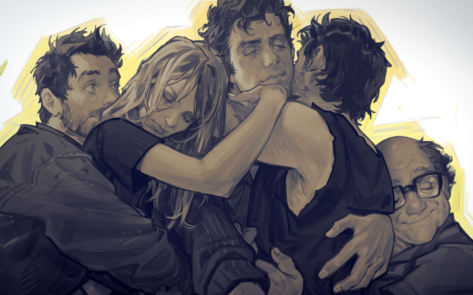 epseelutely, it's always sunny in philadelphia, commentary, english commentary, highres, 1girl, 3boys, arm around neck, balding, charlie kelly, closed eyes, closed mouth, deandra reynolds, dennis reynolds, facial hair, father and daughter, father and son, frank reynolds, glasses, group hug, hug, long hair, long sleeves, looking at another, mac (always sunny), medium sideburns, multiple boys, mutual hug, parted hair, rectangular eyewear, shirt, short hair, siblings, sleeveless, sleeveless shirt, smile, twins, white background, wrinkled skin