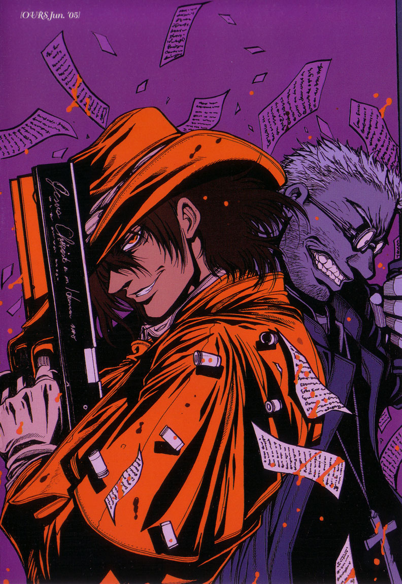 hirano kouta, alexander anderson, alucard (hellsing), hellsing, official art, 2boys, blood, cross, glasses, grin, gun, handgun, hat, jackal (hellsing), multiple boys, pistol, red eyes, smile, teeth, vampire, weapon