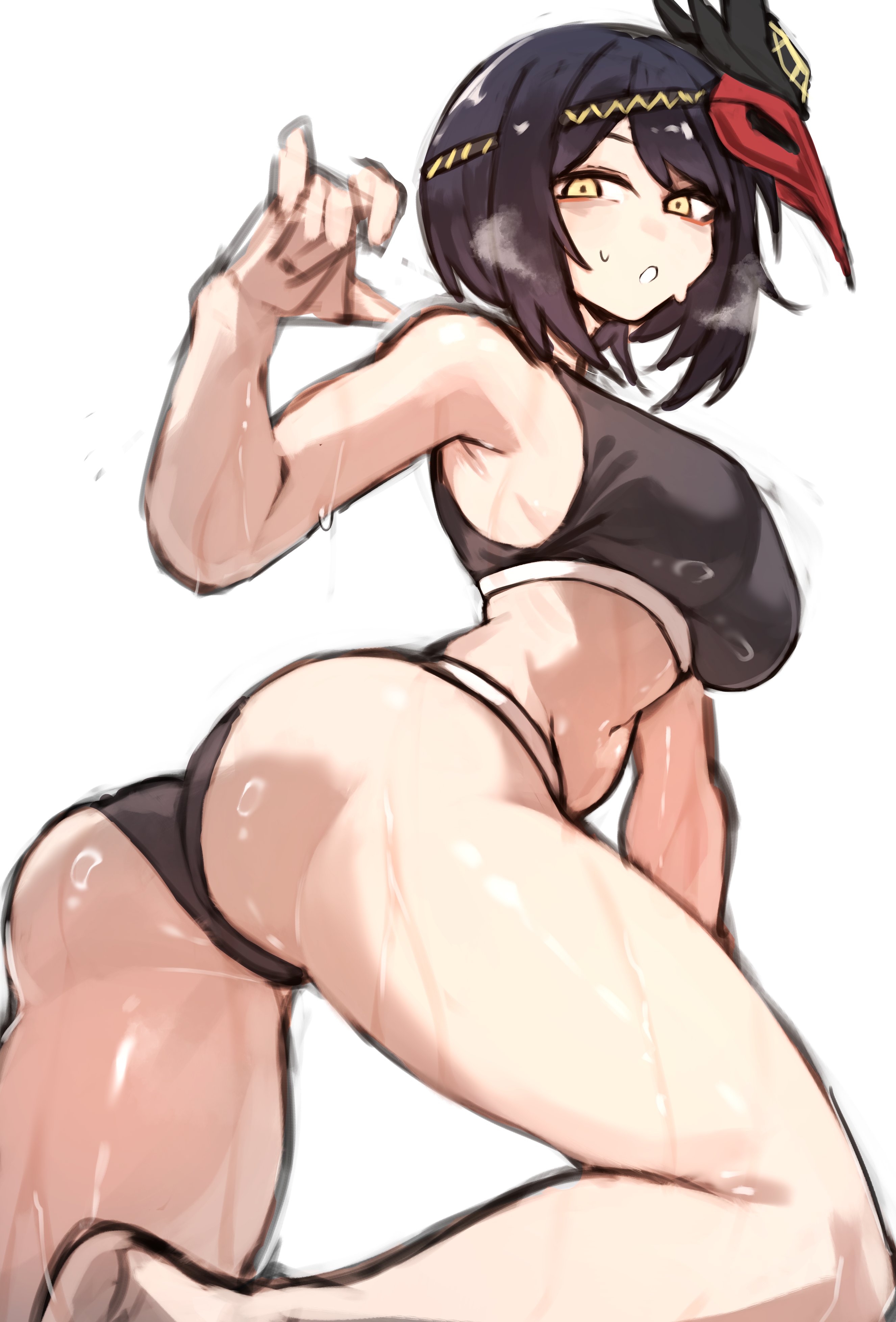 shigezie, kujou sara, calvin klein, genshin impact, absurdres, highres, 1girl, armpits, bare legs, bare shoulders, black hair, black panties, black sports bra, breasts, gold trim, looking at viewer, mask, midriff, panties, single bare foot, sports bra, sweat, sweatdrop, underwear, yellow eyes