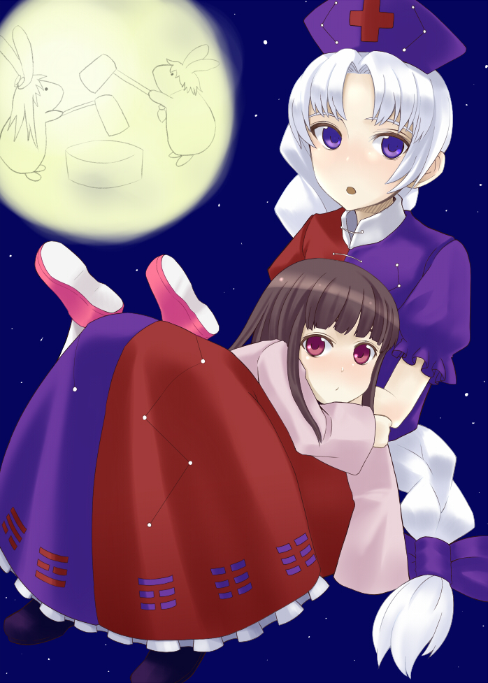 yuu (archaic smile), houraisan kaguya, inaba tewi, reisen udongein inaba, yagokoro eirin, touhou, bad id, bad pixiv id, 2girls, :o, blunt bangs, blush, dress, female focus, full moon, hat, hug, looking at viewer, moon, multiple girls, nurse cap, parted lips, puffy short sleeves, puffy sleeves, rabbit, red eyes, short sleeves, trigram, yuri