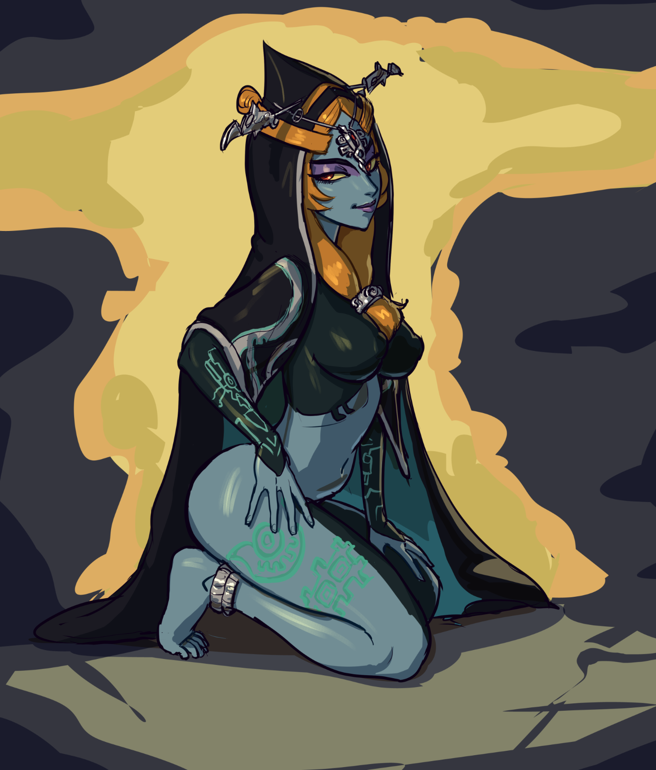 pears (pears pears), midna, midna (true), nintendo, the legend of zelda, the legend of zelda: twilight princess, highres, anklet, black cloak, black sleeves, cloak, colored skin, green skin, green tattoo, grey skin, hair ornament, jewelry, long hair, long sleeves, midriff, naughty face, orange hair, pale skin, purple lips, red eyes, seductive smile, sidelocks, smile, tattoo