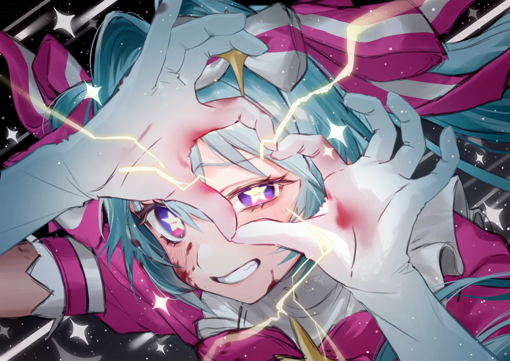 makita (vector1525), hatsune miku, vocaloid, highres, 1girl, arm up, blood on gloves, blue hair, bow, dress, elbow gloves, gloves, hair bow, hair intakes, hand up, heart, heart hands, ima sugu rinne (vocaloid), long hair, looking at viewer, pink dress, puffy short sleeves, puffy sleeves, purple eyes, short sleeves, solo, star-shaped pupils, star (symbol), striped bow, symbol-shaped pupils, twintails, upper body, white gloves