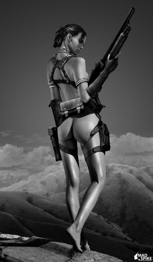 sheva alomar, resident evil, resident evil 5, non-web source, nude filter, third-party edit, 1girl, 3d, ass, barefoot, breasts, dark-skinned female, dark skin, female focus, greyscale, monochrome, nude, outdoors, sky, solo