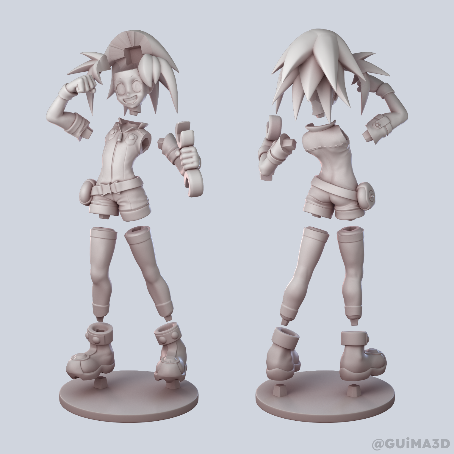 roll caskett (mega man), mega man (series), mega man legends (series), highres, tagme, 3d, ankle boots, belt, bike shorts, bodysuit, bodysuit under clothes, boots, from behind, gloves, grey background, guima3d, jumpsuit, red boots, short jumpsuit, simple background, smile, socks, utility belt, wrench