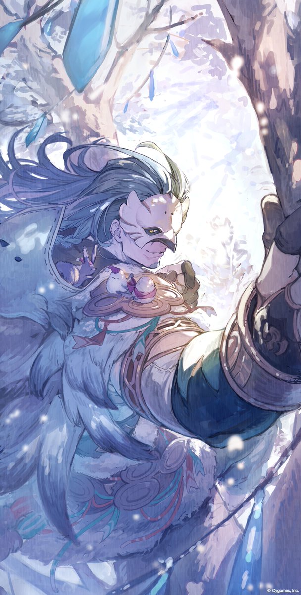 bennu (granblue fantasy), granblue fantasy, official art, 1boy, facial hair, fingerless gloves, from below, gloves, goatee, grey hair, grin, long hair, mask, smile, solo, tree