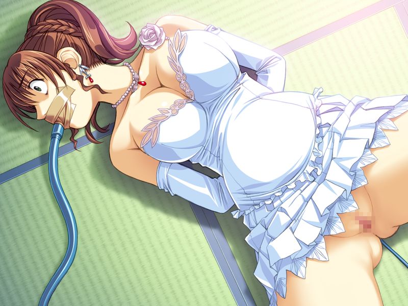 yuzuchichi, kogure mayumi, wakazuma bankakyou, wakazuma mangekyou, game cg, 1girl, bare shoulders, bdsm, bondage, bound, breasts, brown hair, censored, cleavage, detached sleeves, dress, earrings, enema, female focus, force-feeding, forced, gag, gagged, green eyes, hose, improvised gag, inflation, jewelry, large breasts, lying, mosaic censoring, necklace, no panties, pipelining, ponytail, solo, spread legs, stomach bulge, surprised, tape, tape gag, wedding dress, wide-eyed
