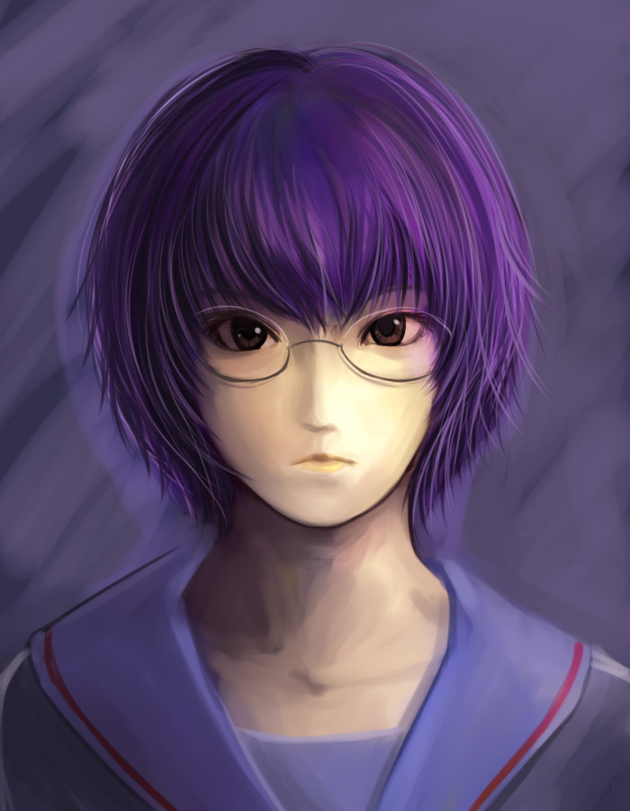 zappers, nagato yuki, suzumiya haruhi no yuuutsu, 00s, glasses, purple hair, realistic, short hair, solo