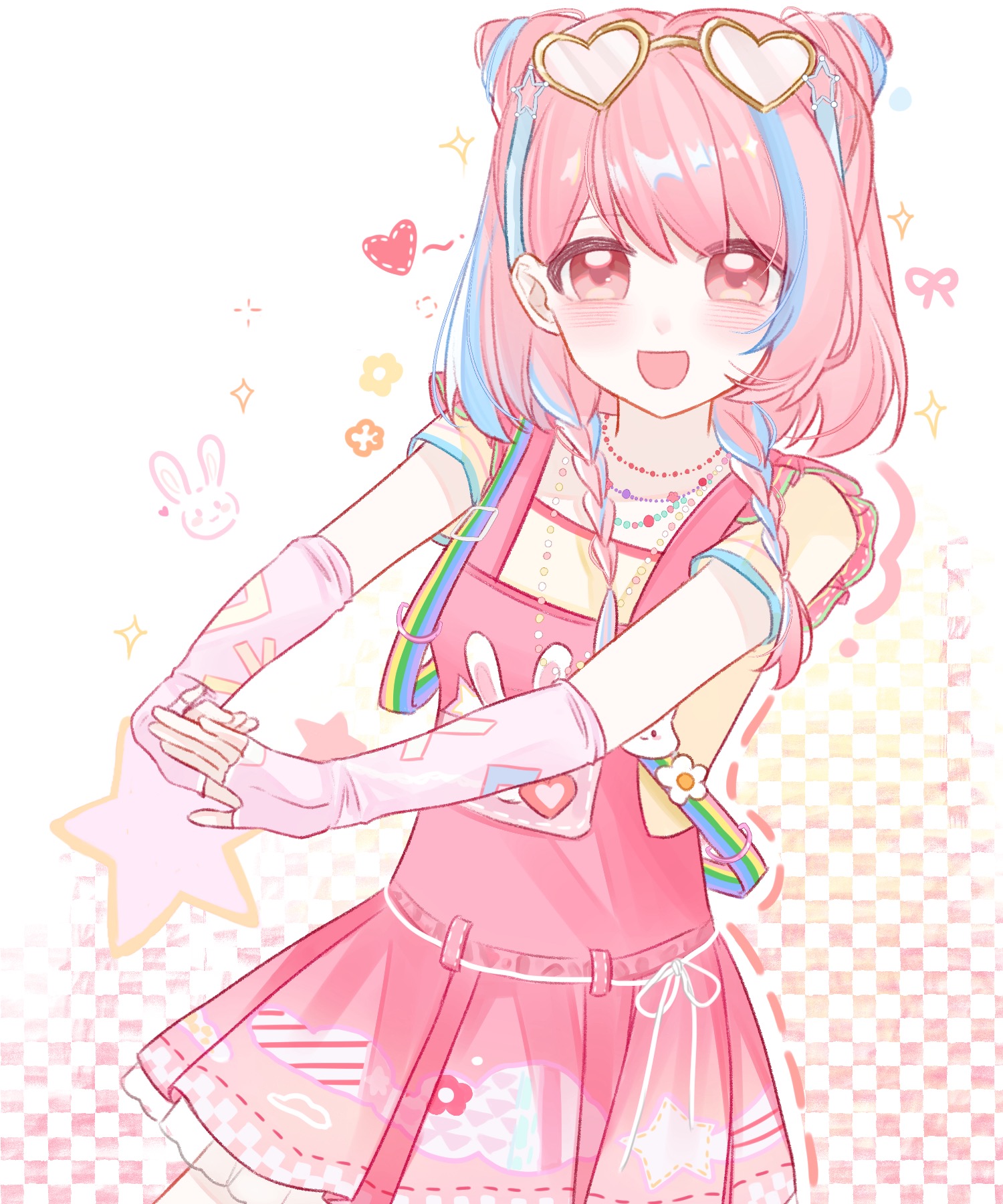 nikki (nikki), sweet rhapsody (infinity nikki), infinity nikki, nikki (series), artist request, chinese commentary, commentary request, highres, second-party source, 1girl, animal print, bead necklace, beads, belt buckle, blue hair, braid, brown eyes, buckle, cloud print, cone hair bun, cowboy shot, dot nose, double bun, elbow gloves, eyes visible through hair, eyewear on head, fingerless gloves, floral print, frilled skirt, frills, gloves, hair bun, hair ornament, happy, heart, heart-shaped pupils, jewelry, light blush, long hair, looking at viewer, multicolored hair, necklace, open mouth, overall skirt, overalls, pink gloves, pink hair, pink overalls, pleated skirt, pocket, print overalls, rabbit print, rainbow belt, ribbon-trimmed sleeves, ribbon trim, shirt, shooting star (symbol), short sleeves, shoulder belt, side braids, skirt, smile, solo, sparkle, spoken heart, star (symbol), star hair ornament, star print, streaked hair, stretching, sunglasses, symbol-shaped pupils, t-shirt, tareme, twin braids, two-tone hair, white background, y2k fashion, yellow-framed eyewear, yellow shirt