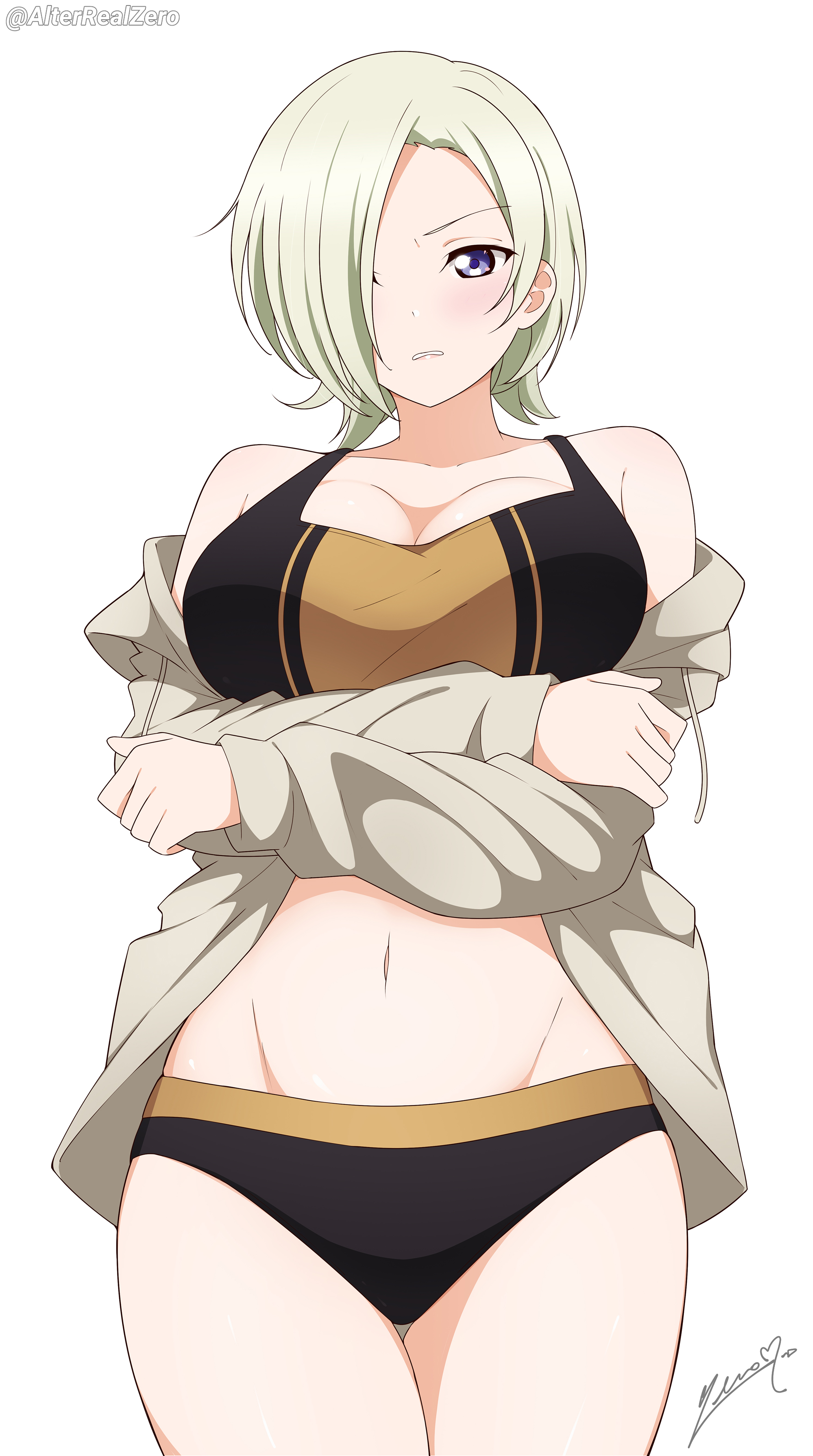 alterrealzero, mia taylor, mia taylor (kujibikido swimsuit), love live!, love live! nijigasaki high school idol club, absurdres, commentary request, highres, 1girl, alternate breast size (larger), black sports bra, black sports panties, blonde hair, blush, breasts, brown jacket, cleavage, collarbone, hair over one eye, jacket, large breasts, looking at viewer, navel, orange sports bra, purple eyes, short hair, signature, simple background, solo, sports bra, two-tone sports bra, white background