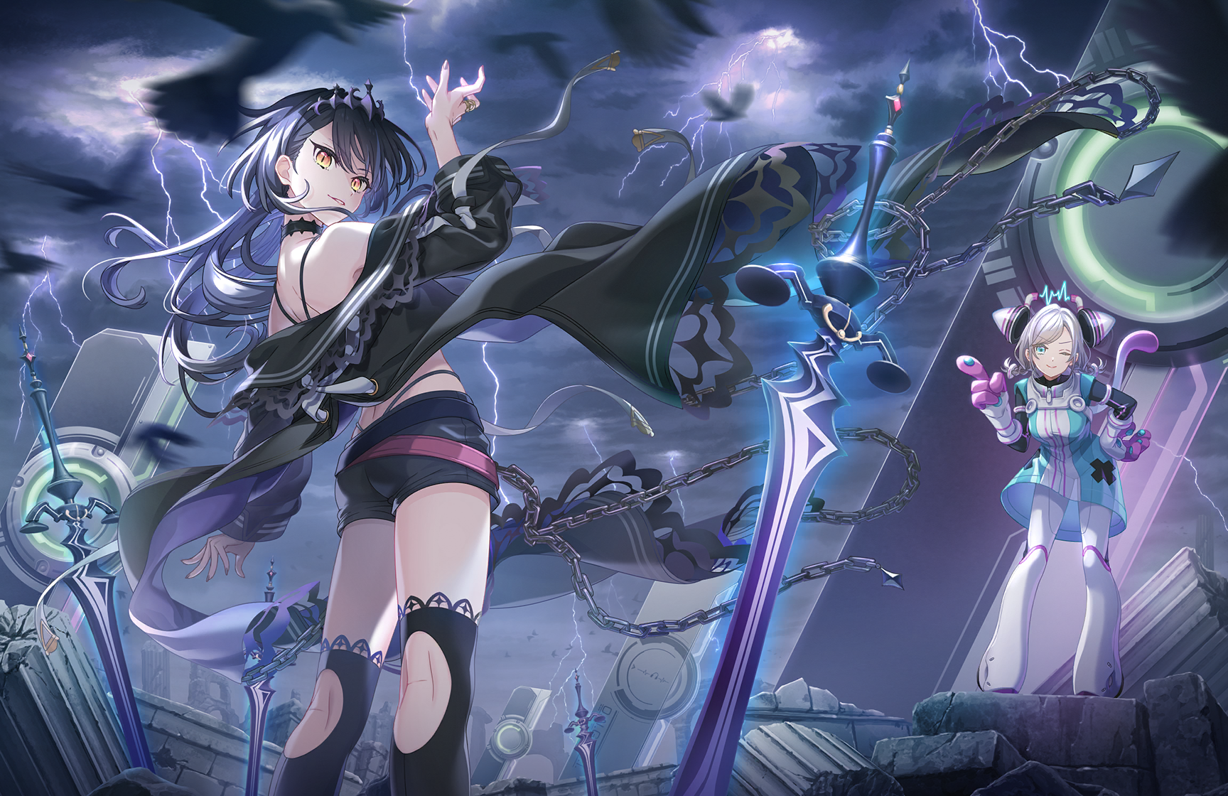 ceras yanagida lilienfeld, katsuragi izumi, sumeragi setsuna, link! like! love live!, love live!, ongeki, game cg, highres, non-web source, official art, >:), 2girls, animal hands, arm up, ass, bare shoulders, black choker, black hair, black sailor collar, black shirt, black shorts, black tiara, blue dress, blue eyes, boots, choker, cloud, cosplay, dark cloud, dress, evil grin, evil smile, feet out of frame, floating headgear, gloves, grey hair, grin, headgear, highleg, index finger raised, jellyfish cut, kneepits, legwear cutout, lightning, long hair, long sleeves, looking at viewer, looking back, median furrow, multiple girls, navi-nyan, navi-nyan (cosplay), official alternate costume, open clothes, open shirt, outdoors, over-kneehighs, paw gloves, planted, planted sword, planted weapon, sailor collar, shirt, short dress, short shorts, shorts, shoulder blades, smile, standing, storm, sumeragi setsuna (cosplay), sword, thighhighs, three-quarter sleeves, tiara, v-shaped eyebrows, virtual youtuber, weapon, white boots