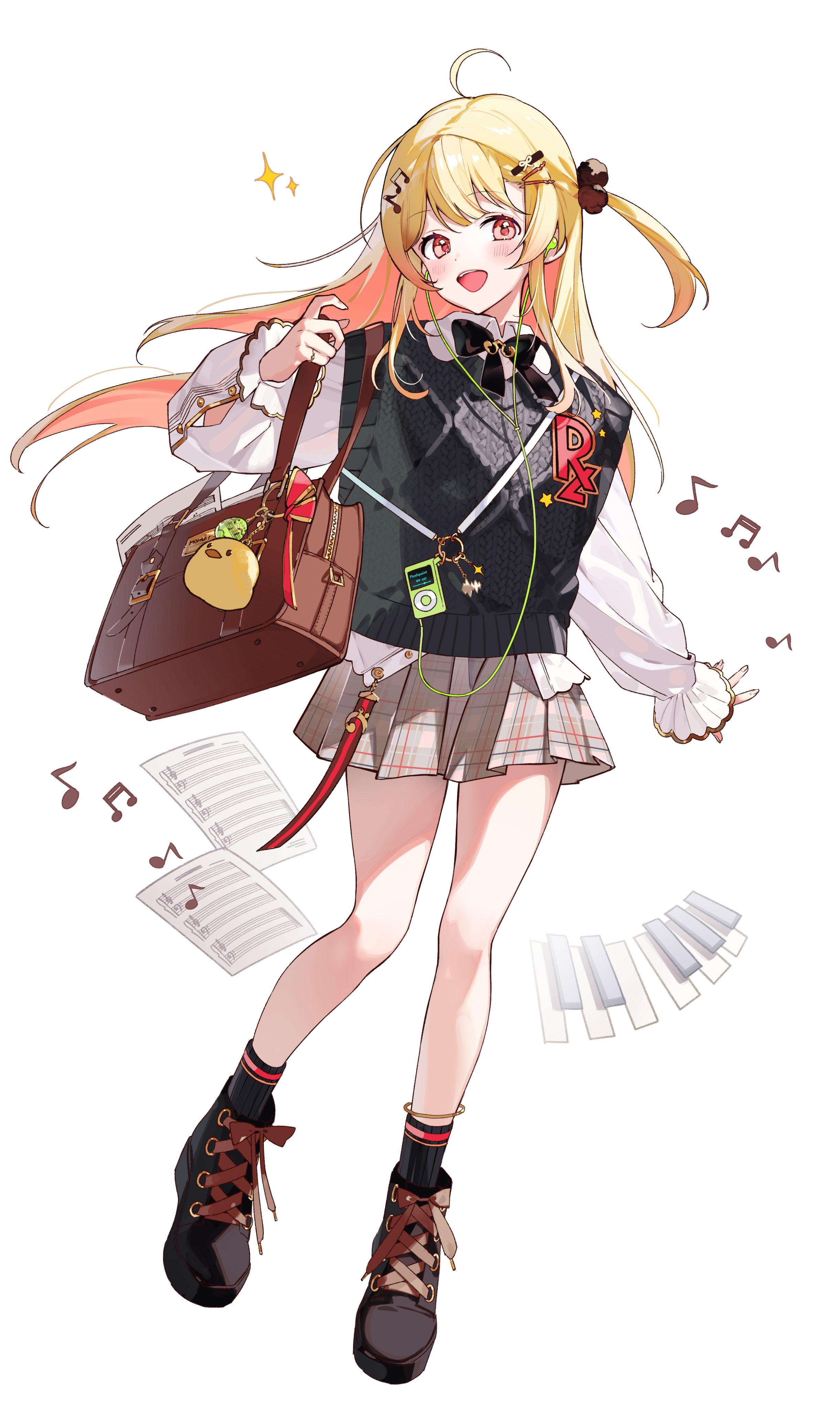 marimo ke, otonose kanade, hololive, hololive dev is, absurdres, highres, 1girl, :d, ahoge, bag, black bow, black socks, black sweater vest, blonde hair, bow, bowtie, earphones, frilled sleeves, frills, hair ornament, hairclip, long hair, looking at viewer, mp3 player, one side up, open mouth, paper, piano keys, pleated skirt, red eyes, sheet music, shirt, shoulder bag, simple background, skirt, smile, socks, solo, sparkle, sweater vest, white background, white shirt