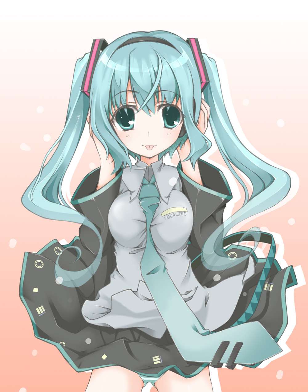 natsuki yuu, natsuki yuu (minamino tsuki), hatsune miku, vocaloid, highres, 1girl, aqua eyes, aqua hair, detached sleeves, female focus, headphones, long hair, necktie, solo, twintails, very long hair