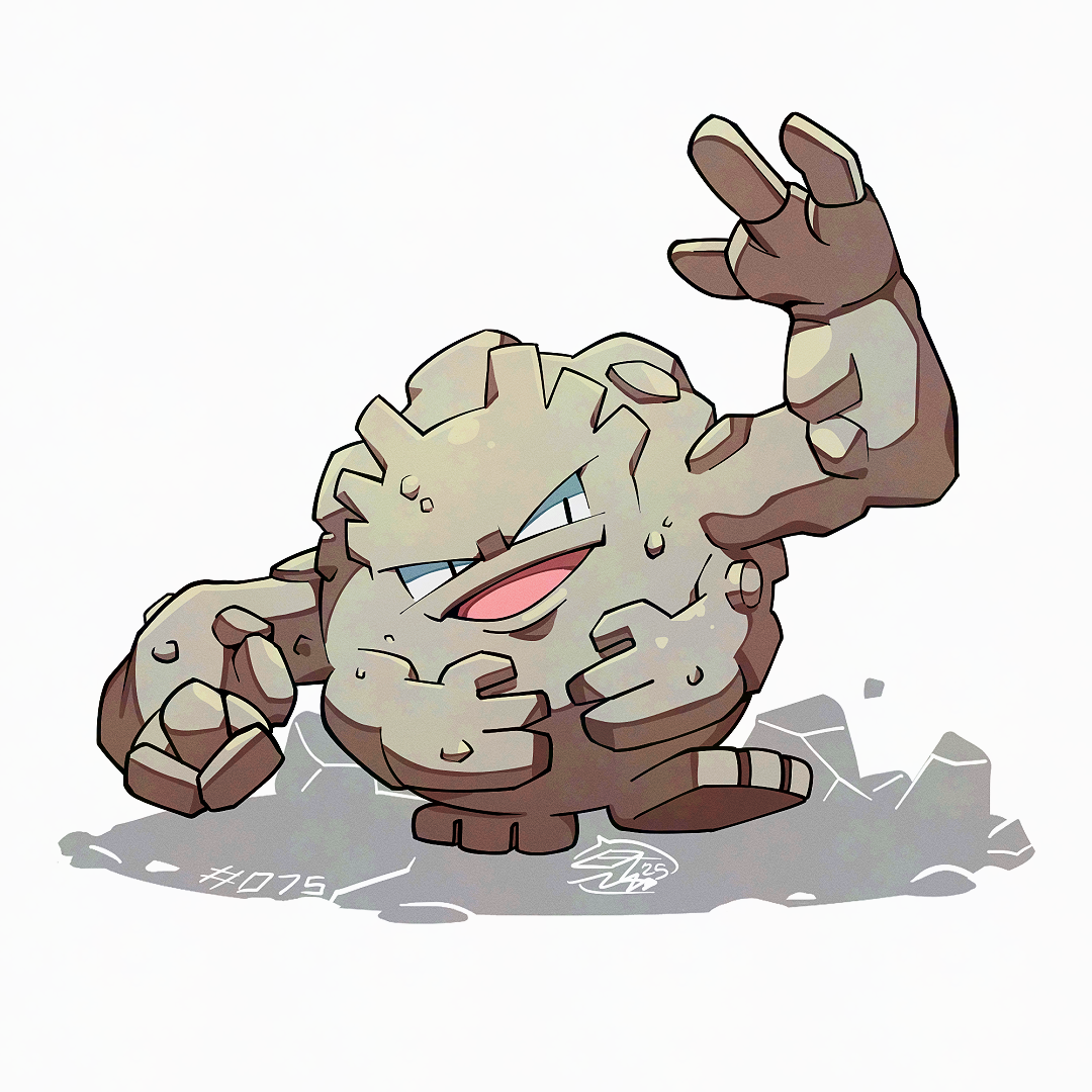 mistray-art, graveler, nintendo, pokemon, gen 1 pokemon, no humans, numbered, open mouth, pokemon (creature), signature, simple background, solo, white background