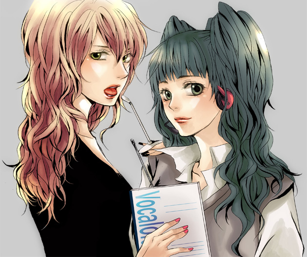 anna (pixiv305841), infordia, hatsune miku, megurine luka, vocaloid, bad id, bad pixiv id, 2girls, aqua hair, black nails, green eyes, headphones, long hair, microphone, multiple girls, nail polish, open mouth, pink hair, pink nails, simple background, smile, tongue, twintails