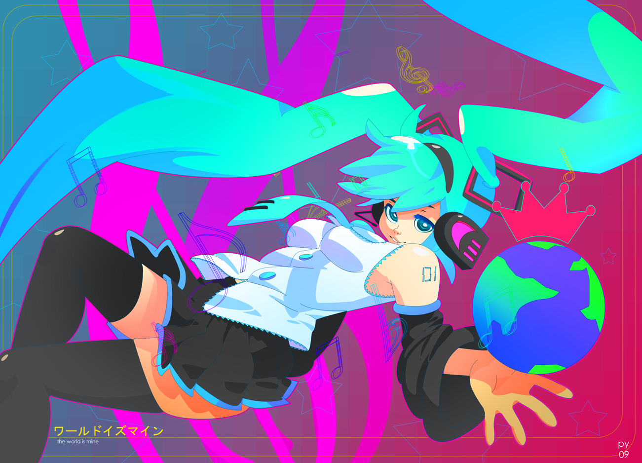 ashleigh hetrick, pyawakit, hatsune miku, vocaloid, world is mine (vocaloid), aqua eyes, aqua hair, crown, detached sleeves, earth (planet), headphones, headset, long hair, musical note, necktie, skirt, smile, solo, thighhighs, twintails, very long hair, zettai ryouiki