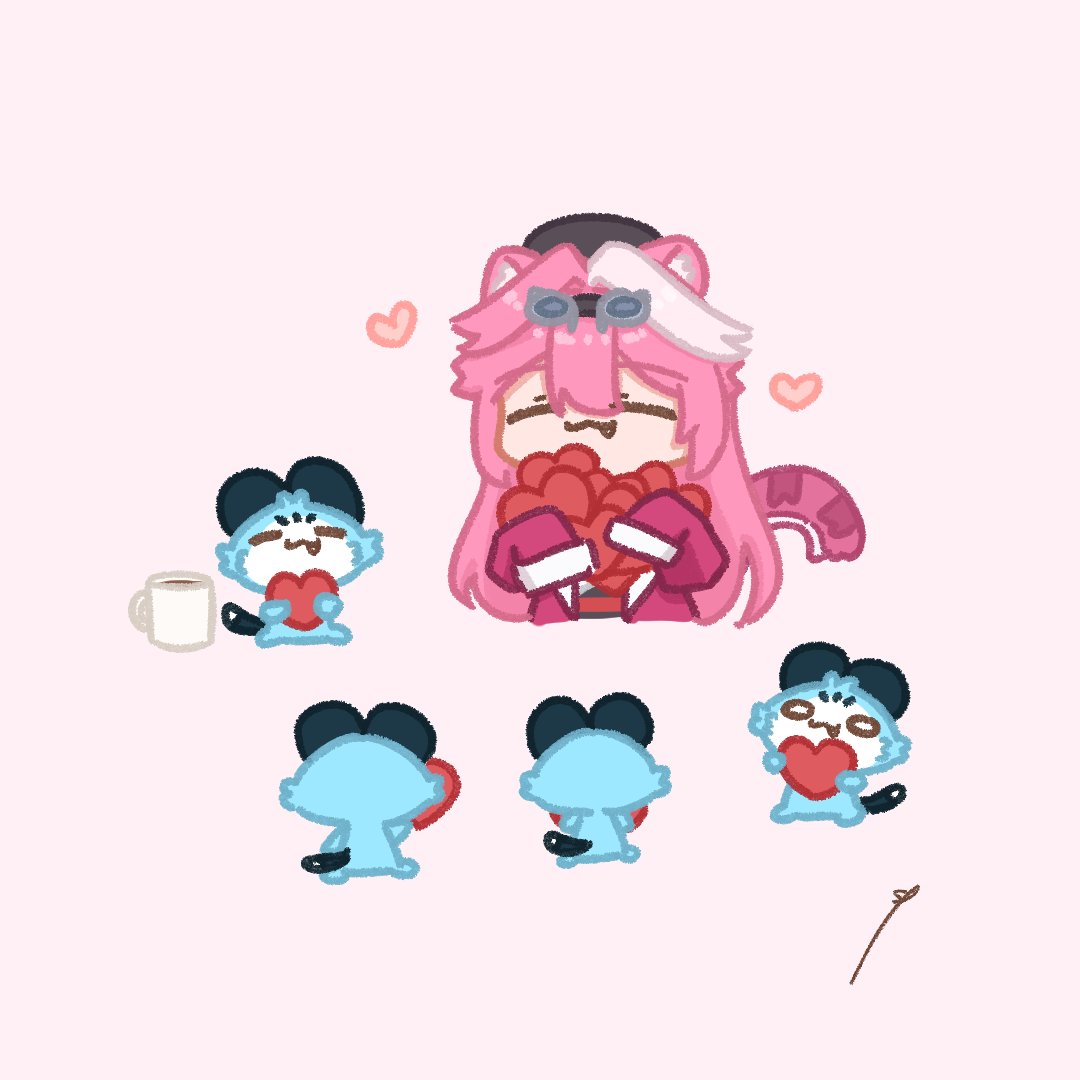 sappysque, chattino (raora panthera), raora panthera, raora panthera (1st costume), hololive, hololive english, commentary, english commentary, 1girl, :3, = =, ^ ^, animal ears, beret, closed eyes, cup, fang, hair intakes, hat, heart, long hair, mug, multicolored hair, panther ears, panther girl, panther tail, pink hair, sleeves past wrists, streaked hair, tail, virtual youtuber, white hair