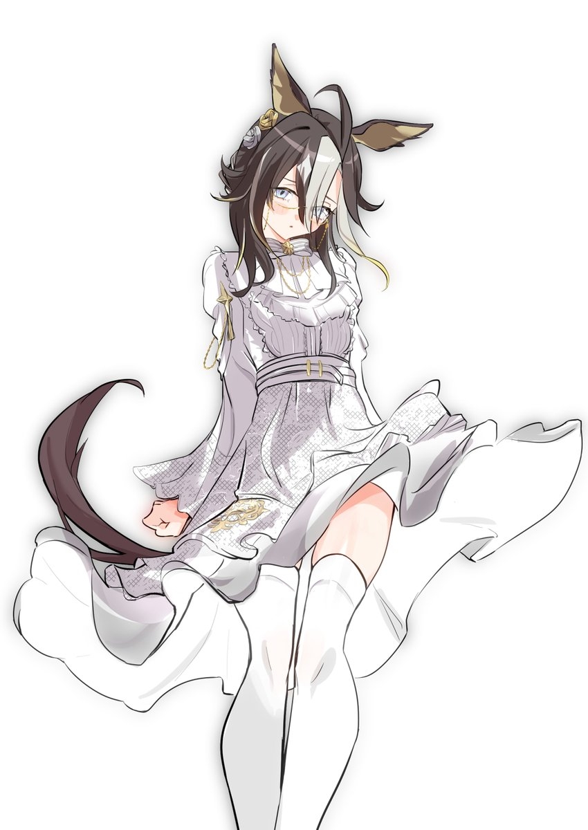 dream journey (snow-white dreamland) (umamusume), dream journey (umamusume), umamusume, commentary request, highres, 1girl, ahoge, animal ears, black hair, blue eyes, blush, bow, brown hair, colored inner animal ears, dress, eyewear strap, full body, glasses, hair between eyes, hair bun, hair ornament, horse ears, horse girl, horse tail, long hair, long sleeves, looking at viewer, multicolored hair, official alternate costume, open mouth, parted lips, shoes, simple background, smile, solo, tachiagare kusomegane, tail, thighhighs, thighs, unworn shoes, white bow, white dress, white hair, white thighhighs