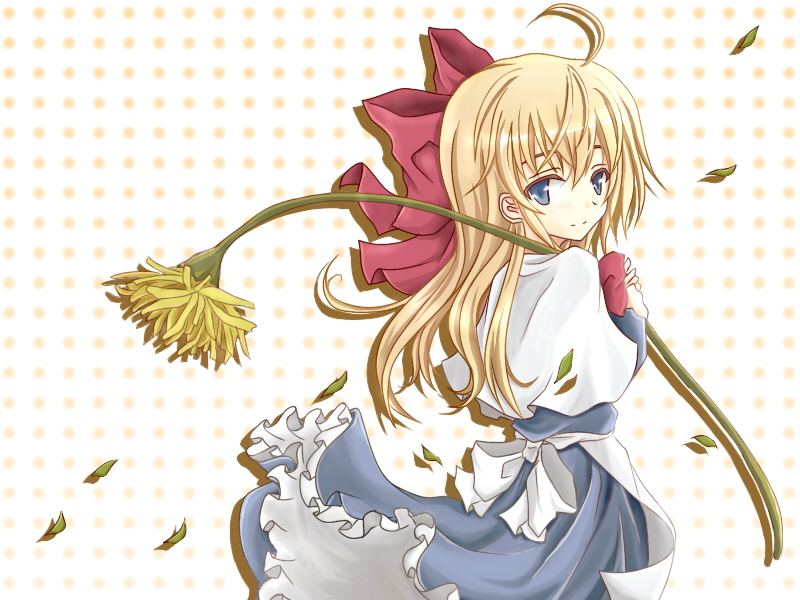 momokumo, shanghai doll, touhou, bad id, bad pixiv id, 1girl, blonde hair, blue eyes, doll, female focus, flower, long hair, solo, standing, white background