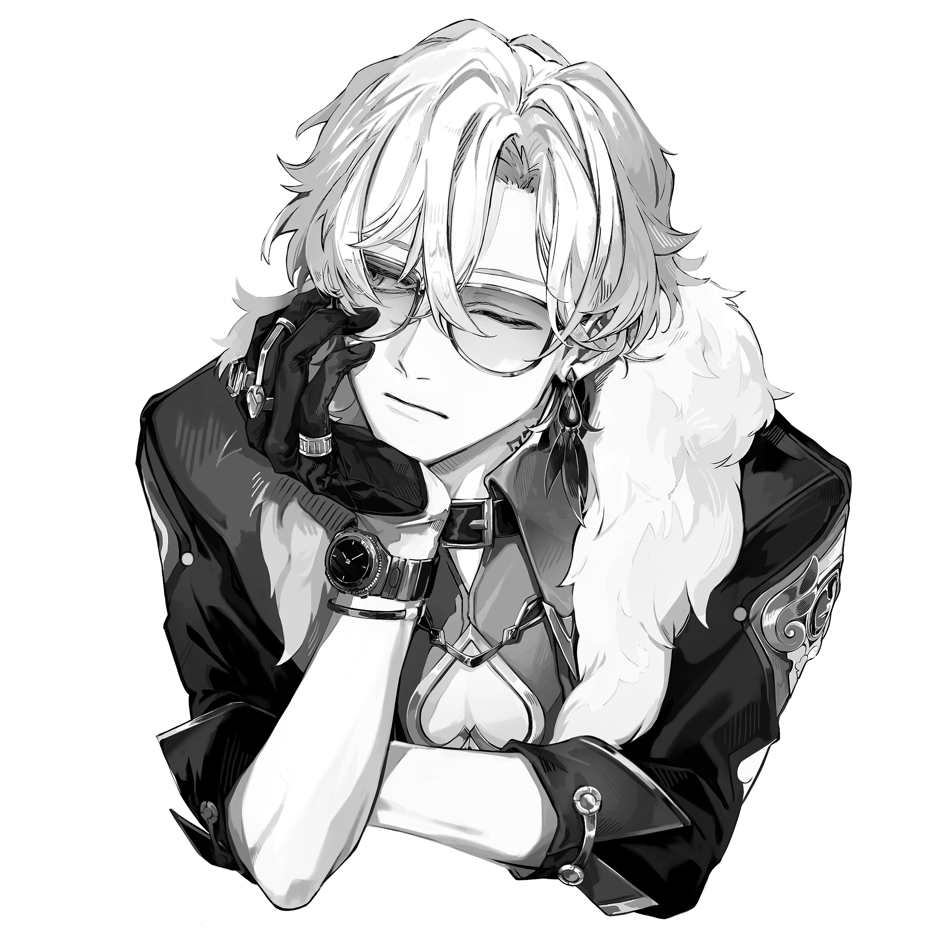 aventurine (honkai: star rail), honkai: star rail, honkai (series), absurdres, highres, 1boy, belt collar, bracelet, cleavage cutout, closed mouth, clothing cutout, collar, cropped torso, eyes visible through eyewear, gloves, jewelry, looking to the side, male focus, nanimononimo, parted hair, short hair, sideways glance, simple background, sleeve cuffs, solo, sunglasses, three-quarter sleeves, watch, white background, wristwatch