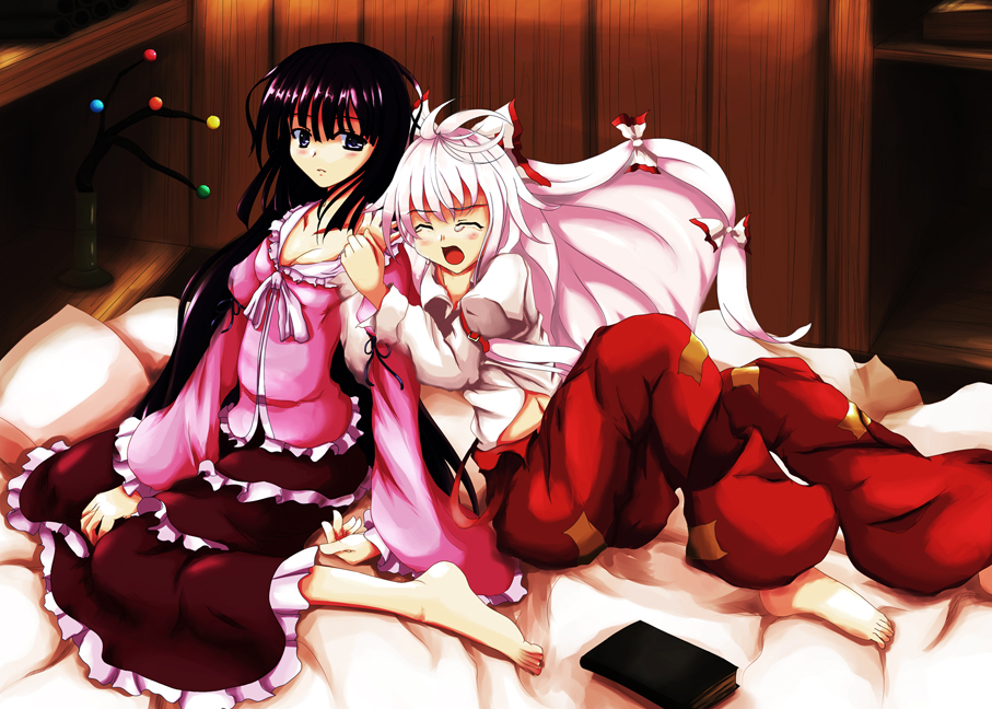 dacho, fujiwara no mokou, houraisan kaguya, touhou, bad id, bad pixiv id, 2girls, barefoot, book, feet, female focus, multiple girls, tears