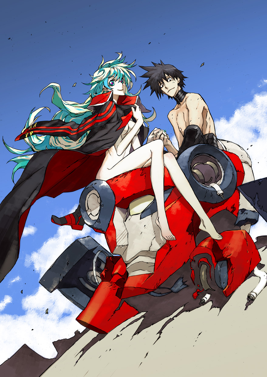 miwa shirow, lagann, nia teppelin, simon (ttgl), tengen toppa gurren lagann, highres, official art, + +, 00s, 1boy, 1girl, aqua eyes, aqua hair, barefoot, black hair, borrowed clothes, breasts, couple, cross-shaped pupils, day, detached collar, feet, hetero, holding hands, jacket, legs, long hair, mecha, medium breasts, multicolored hair, nude, outdoors, robot, short hair, sky, smile, symbol-shaped pupils, topless male, very long hair
