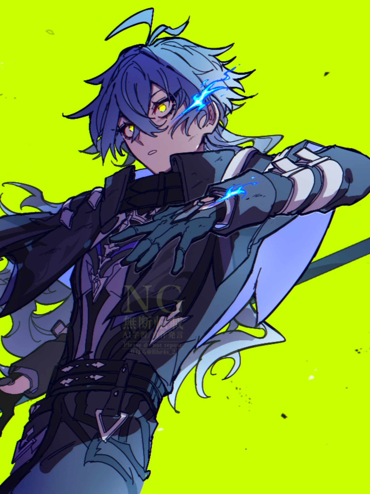 flins (genshin impact), genshin impact, highres, 1boy, antenna hair, arm belt, arm up, belt, black belt, black capelet, black gloves, blue hair, capelet, collared capelet, crossed bangs, double-parted bangs, dutch angle, gloves, green background, grey belt, grey pants, long hair, long sleeves, male focus, multiple belts, open mouth, pants, rhr4s 2, solo, watermark, wide-eyed, wing collar, yellow eyes