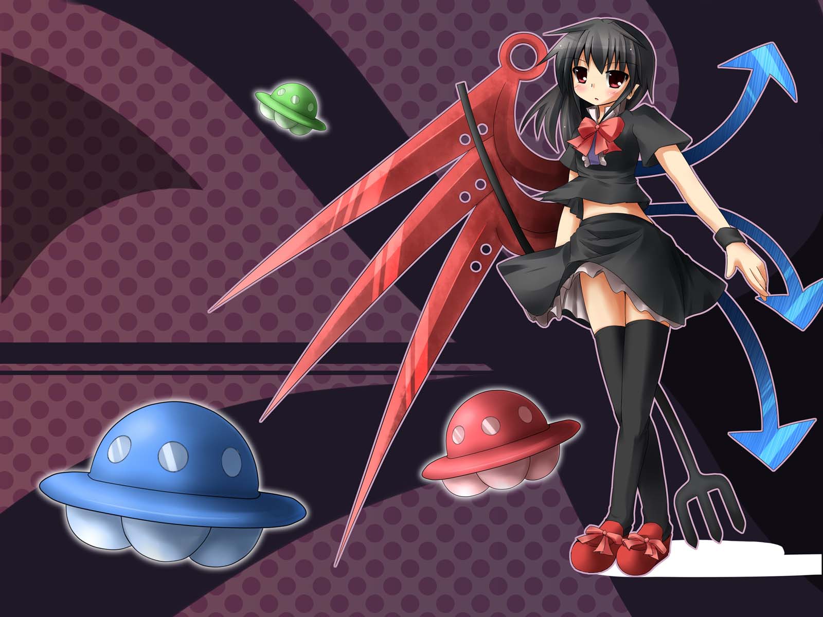 liya, houjuu nue, touhou, highres, 1girl, asymmetrical wings, black hair, black thighhighs, bow, female focus, red eyes, solo, thighhighs, ufo, wings