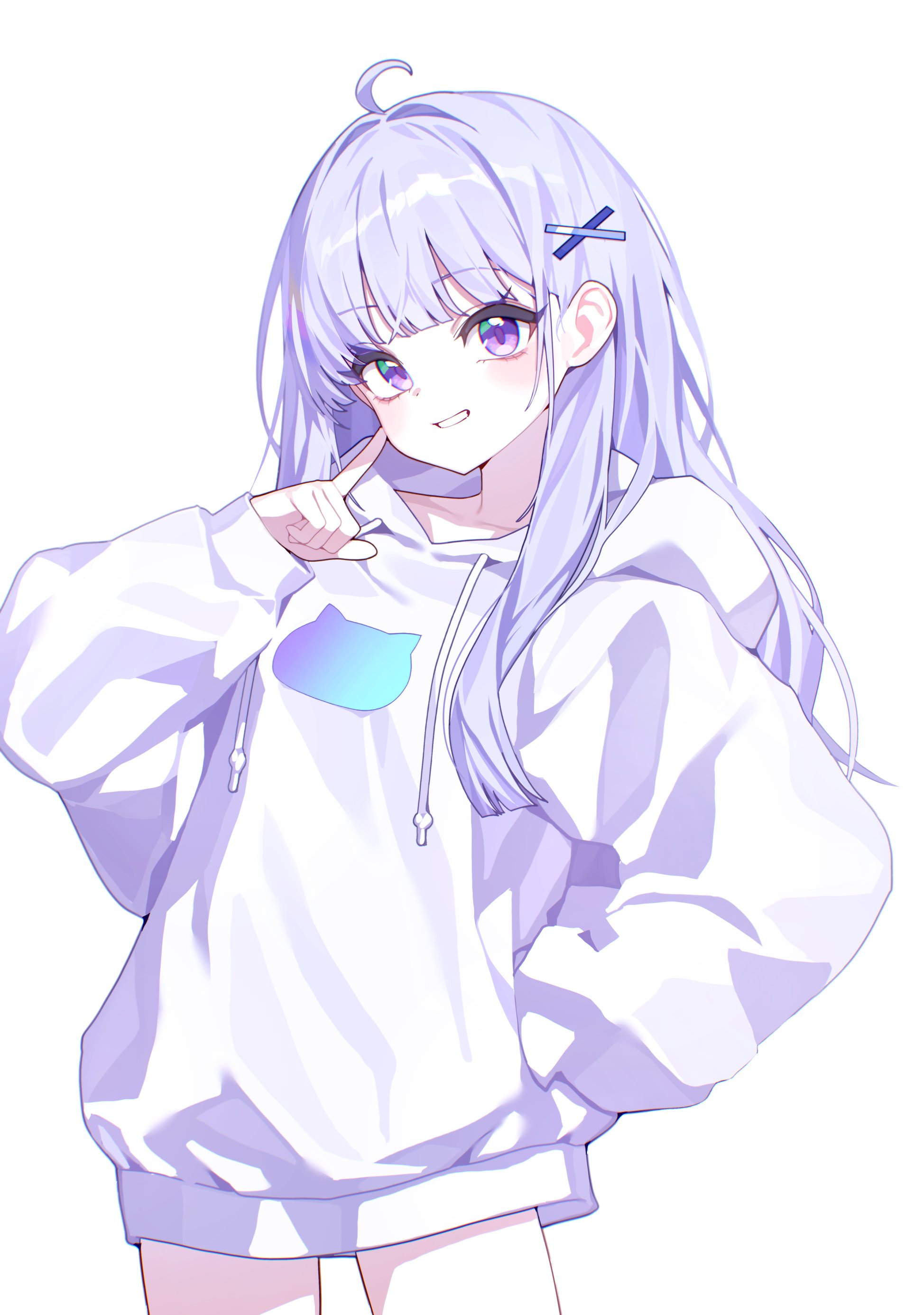 yioro, ayatsuno yuni, stellive, absurdres, hashtag-only commentary, highres, 1girl, cowboy shot, drawstring, finger to cheek, grin, hair ornament, hair over shoulder, hand in pocket, hand up, hood, hoodie, index finger raised, long hair, long sleeves, looking at viewer, no pants, print hoodie, purple eyes, simple background, smile, solo, standing, straight hair, virtual youtuber, white background, white hoodie, x hair ornament
