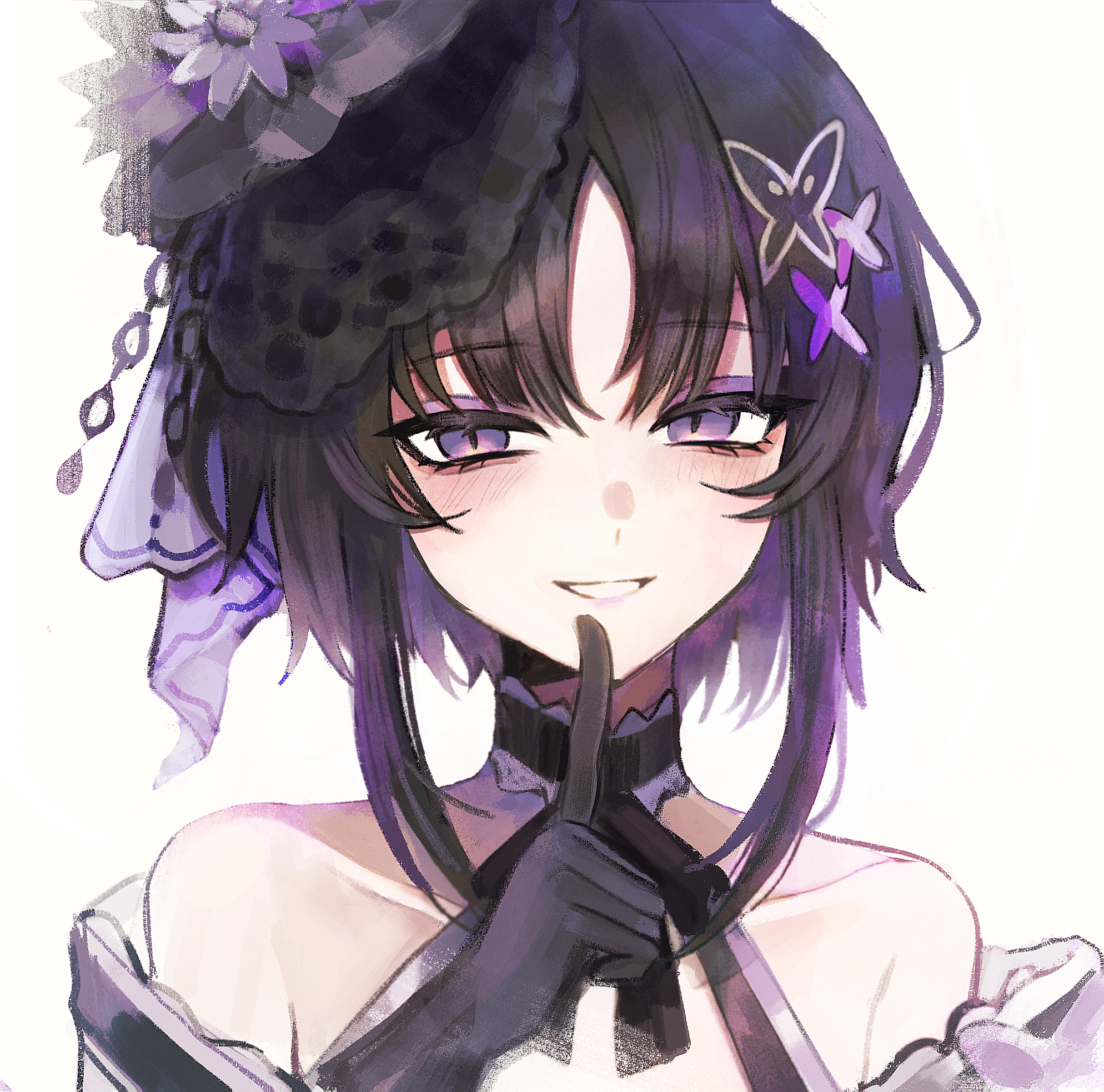 housho margo, mahou shoujo no majo saiban, highres, 1girl, bare shoulders, black choker, black gloves, black hair, black hat, butterfly hair ornament, choker, eyeliner, finger to mouth, frilled choker, frills, gloves, hair ornament, hand up, hat, looking at viewer, makeup, parted bangs, purple eyeliner, purple eyes, short hair, simple background, smile, solo, tusi (kulitossssr), white background