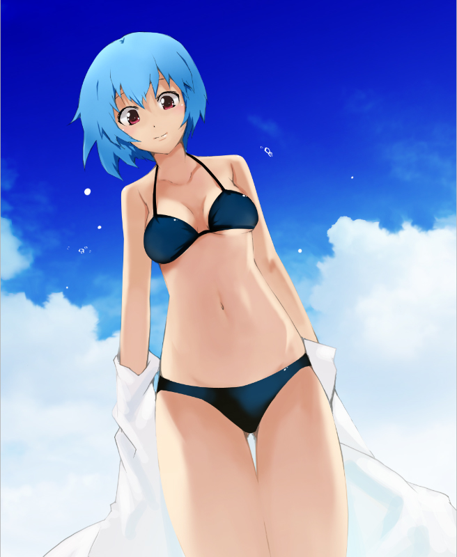 otakeyan, ayanami rei, neon genesis evangelion, 1girl, bikini, blue hair, blue sky, cloud, cloudy sky, collarbone, cropped legs, day, female focus, from below, halterneck, looking down, navel, off shoulder, red eyes, short hair, sky, solo, swimsuit, thigh gap